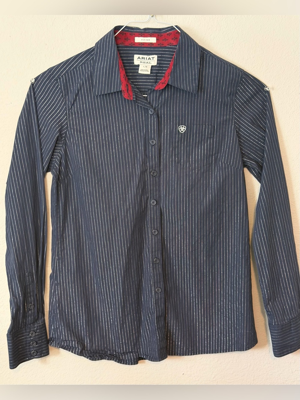 Ariat Navy Pinstriped Long-Sleeve Button-Down Shirt with Red Collar Accent